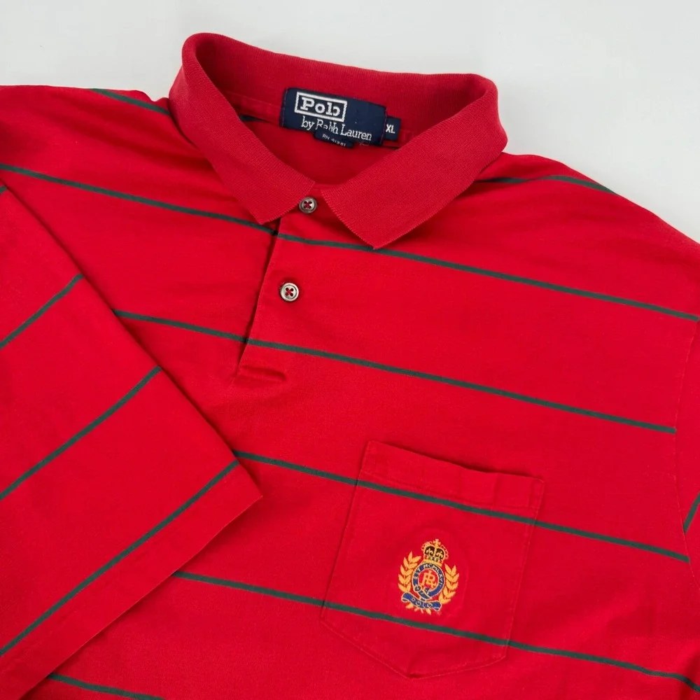 Vintage Polo by Ralph Lauren Polo Shirt XL Red Green Striped Crest Logo USA Made